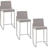 Fuji 26" High Back Counter Stool in Stainless Steel & Grey Fabric (Set of 3)